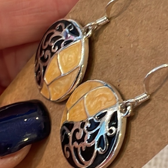 💐5/25 two tone medallion dangle drop gold black enamel silver scroll - Picture 3 of 6